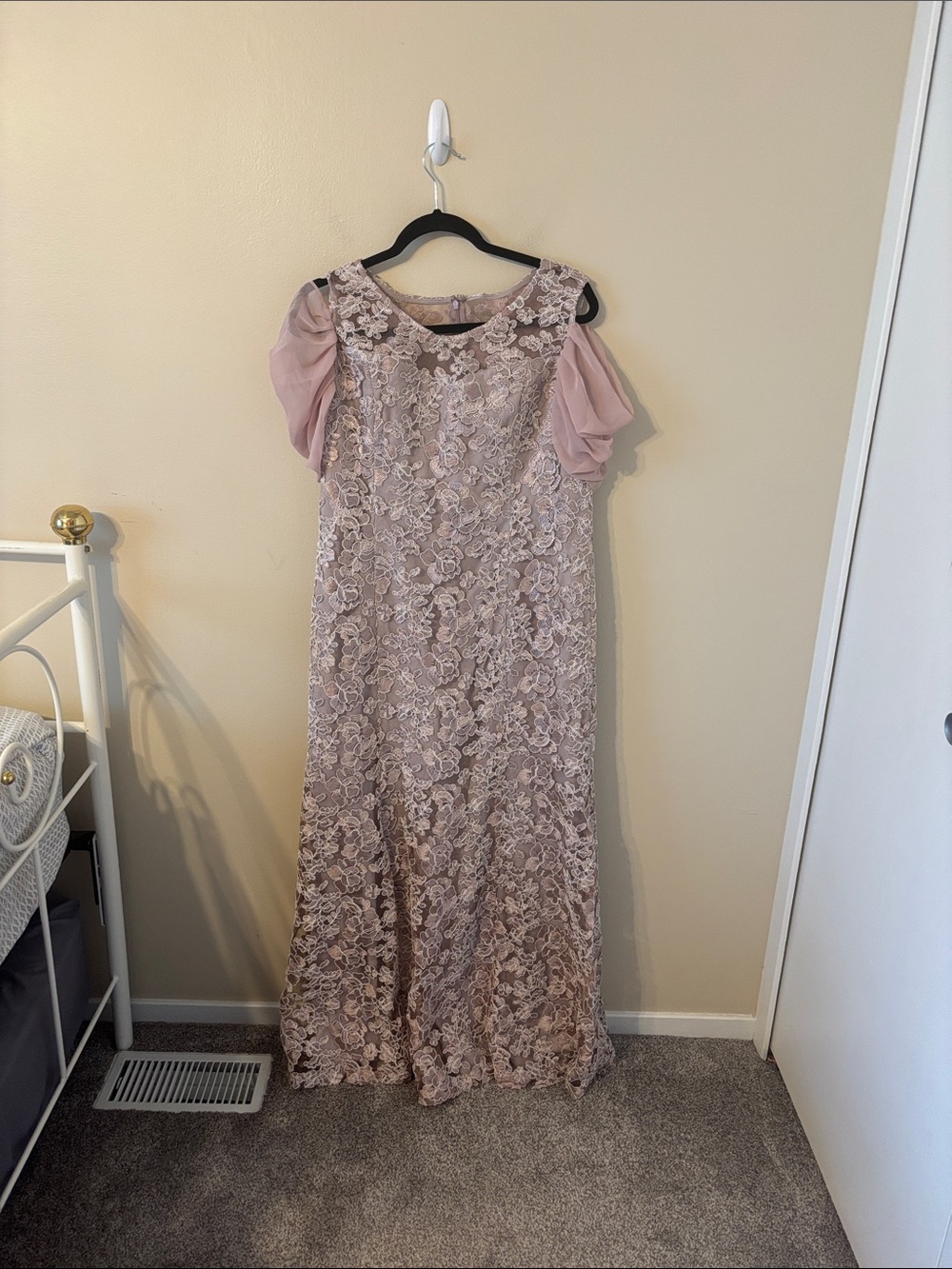 Alex Evening Lace Floral Embroidered Chiffon Flutter Sleeve Formal Gown
